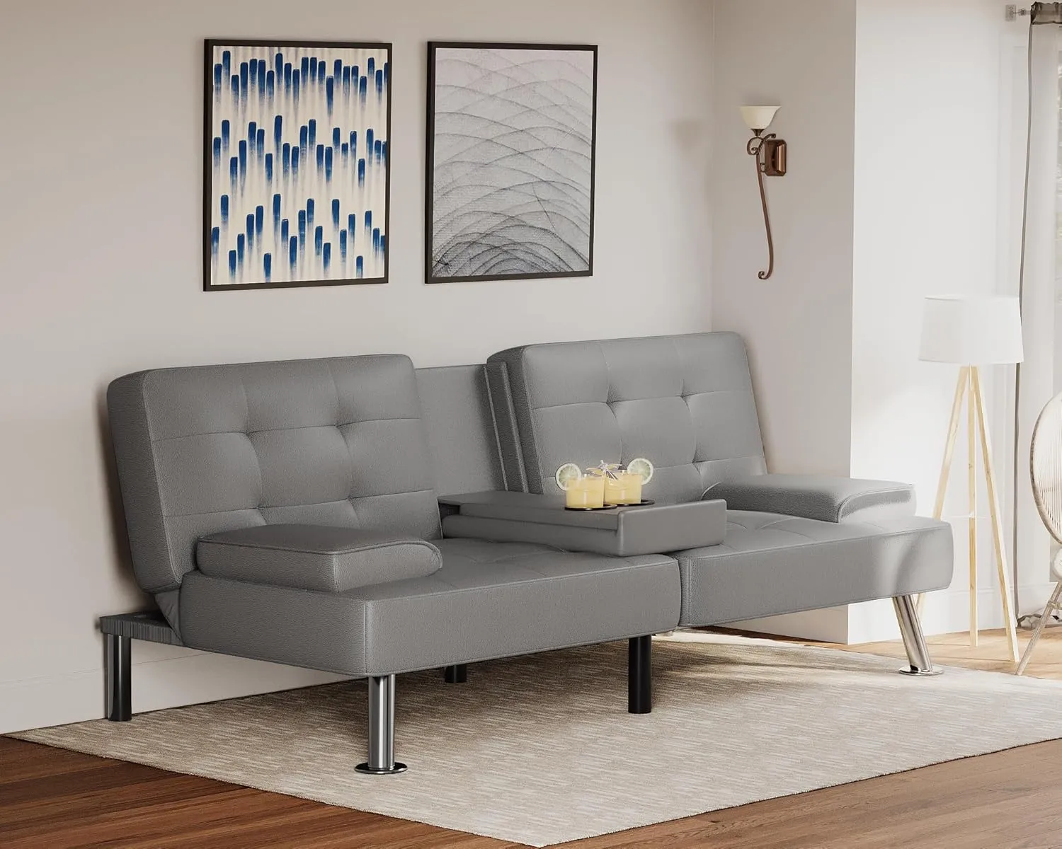 Flamaker Futon Sofa Bed Modern Folding Futon Set PU Leather Convertible Recliner Lounge for Living Room with 2 Cup Holders, Removable Armrests (PU Leather, Grey)