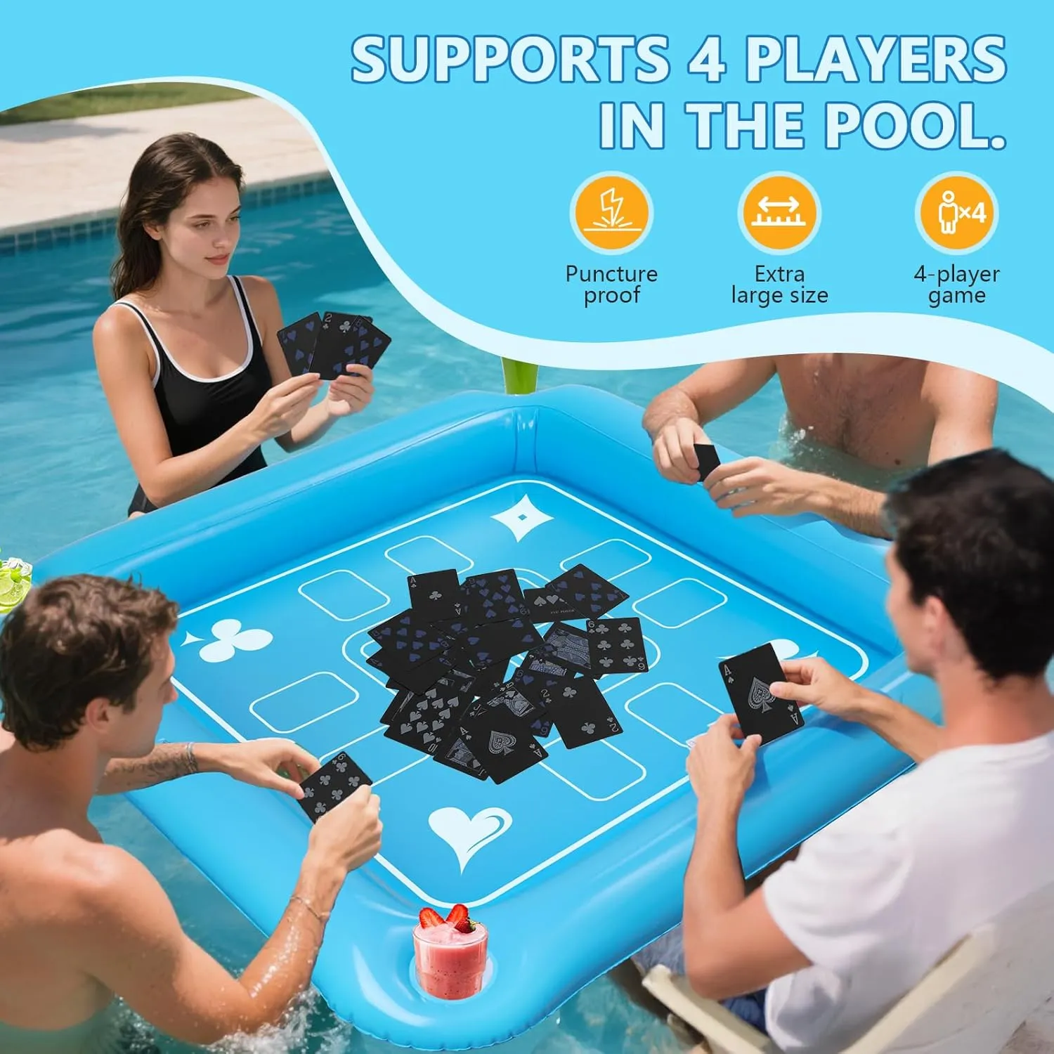 Floating Game Table for Pool - Inflatable Floating Table for Pool in Water, 40"x40" Large Pool Float Drinks for Adults, Includes 4 Drink Holders (Bule)