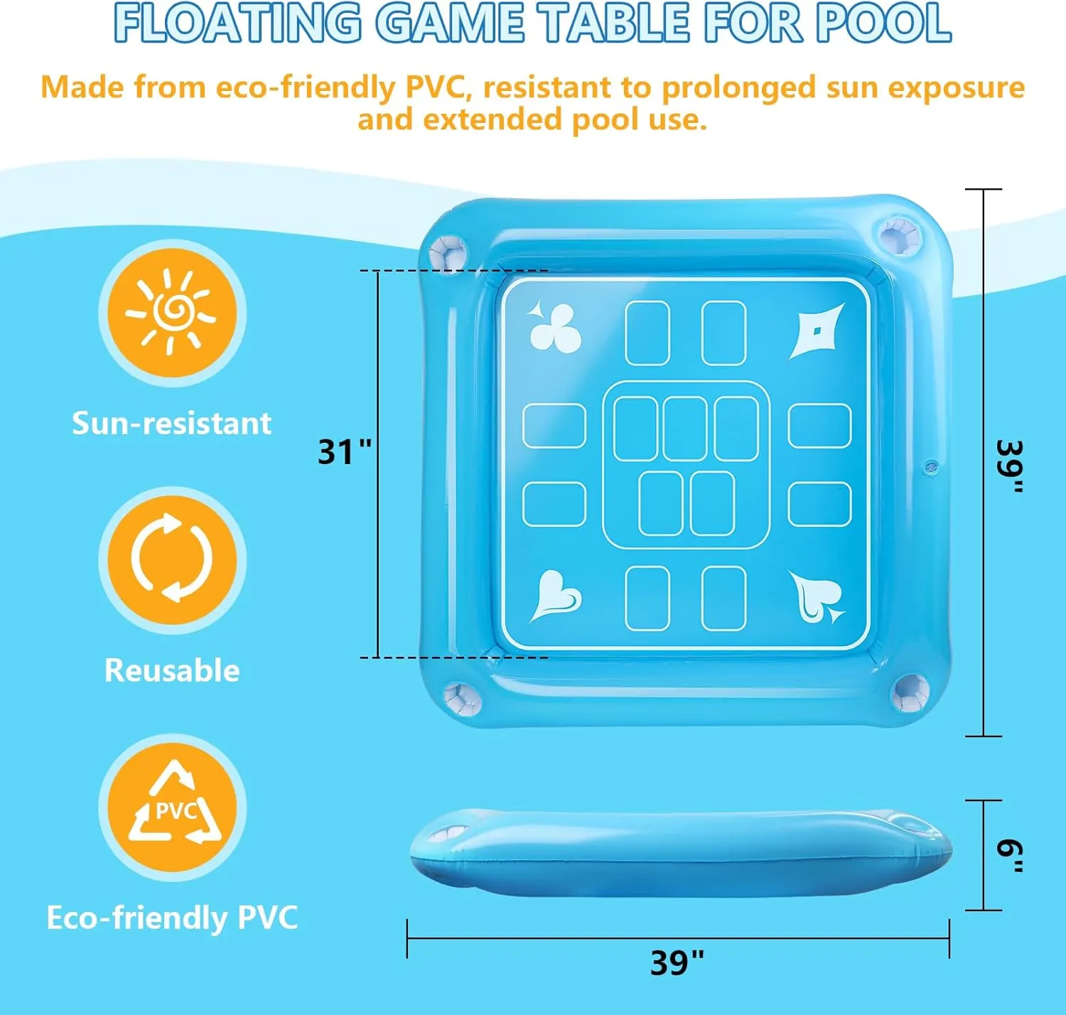 Floating Game Table for Pool - Inflatable Floating Table for Pool in Water, 40"x40" Large Pool Float Drinks for Adults, Includes 4 Drink Holders (Bule)