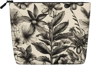 Floral Herbs Botanical Pattern Print Single layer Fake Hemp Makeup Bag Zipper Toiletry Bag Zipper Accessories for Women