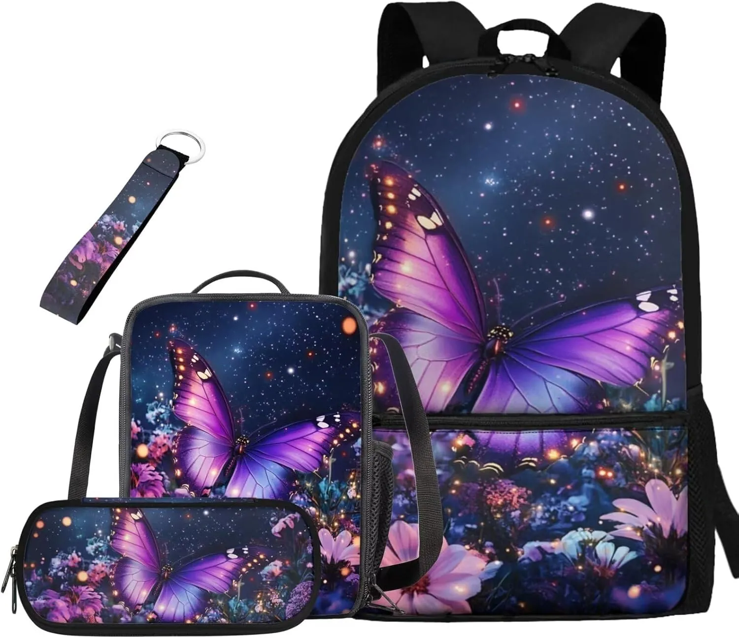 Flower Bookbags for 5th Grade Girls School Backpacks Set of 4 Butterfly Backpack for Elementary School Girls with LunchBox and Pencil Case 17 Inch Aesthetic Daypack for Travel Hiking