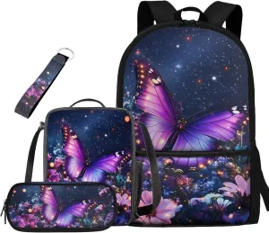 Flower Bookbags for 5th Grade Girls School Backpacks Set of 4 Butterfly Backpack for Elementary School Girls with LunchBox and Pencil Case 17 Inch Aesthetic Daypack for Travel Hiking
