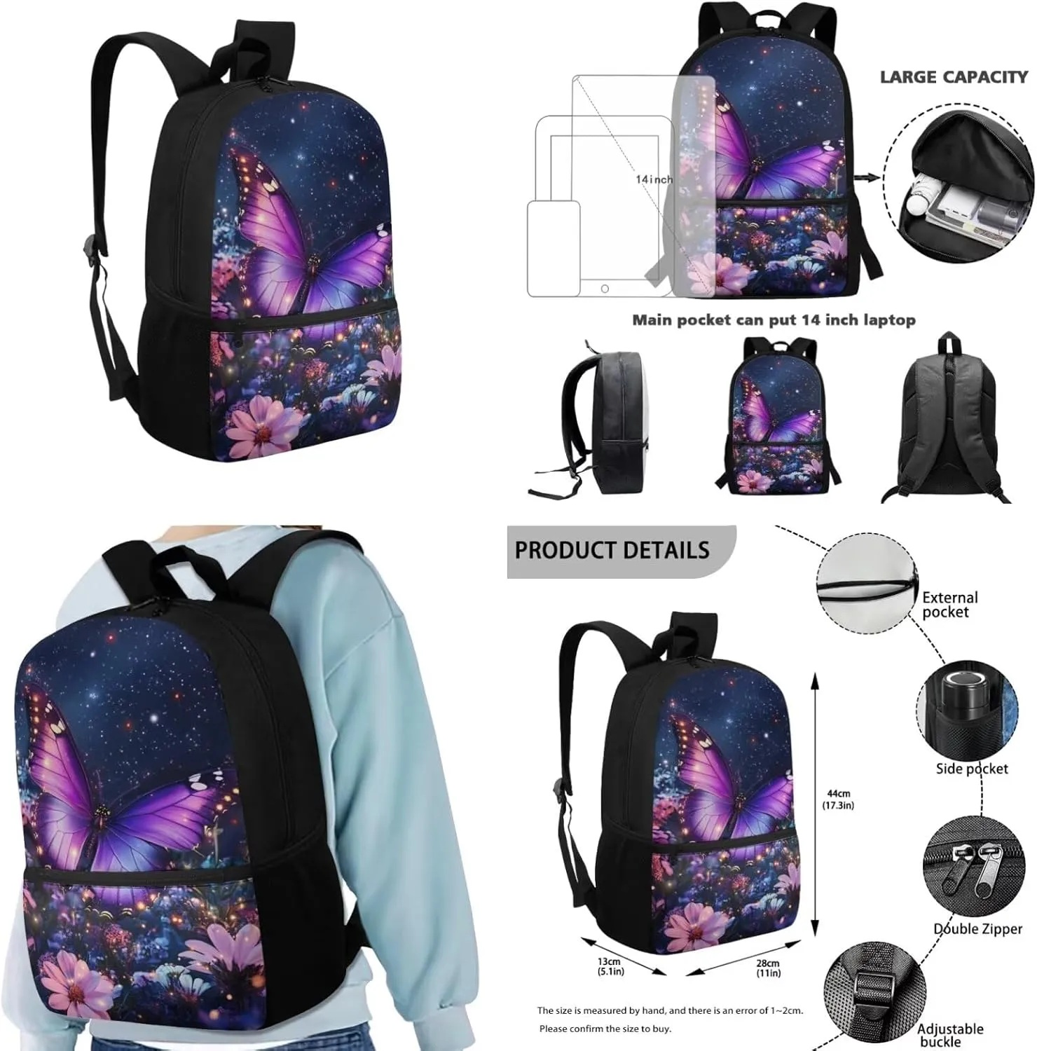 Flower Bookbags for 5th Grade Girls School Backpacks Set of 4 Butterfly Backpack for Elementary School Girls with LunchBox and Pencil Case 17 Inch Aesthetic Daypack for Travel Hiking