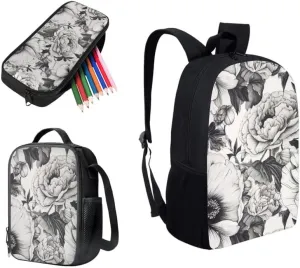 Flower Retro Painting Flower Retro School Backpack for Girls Cute Kids Floral Sketch Lunch Boxes and Pencil Case 3-Pieces School Pencil Cases Schoolbag Set for Teens