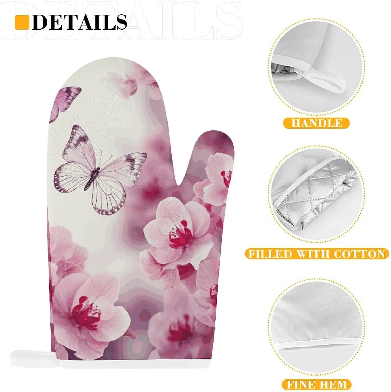 Flowers and Butterfly Oven Mitts and Pot Holders 2 Set, Heat Resistant Kitchen Glove with Quilted Liner, Non-Slip Oven Gloves for Baking Cooking