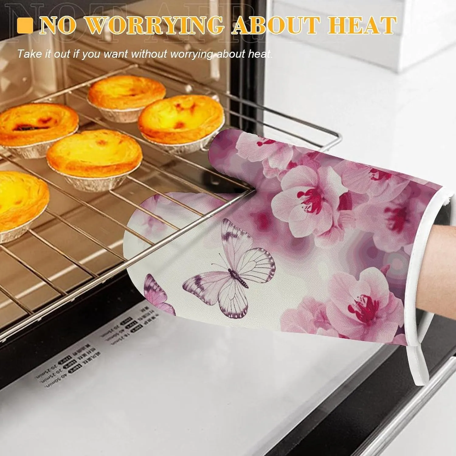Flowers and Butterfly Oven Mitts and Pot Holders 2 Set, Heat Resistant Kitchen Glove with Quilted Liner, Non-Slip Oven Gloves for Baking Cooking