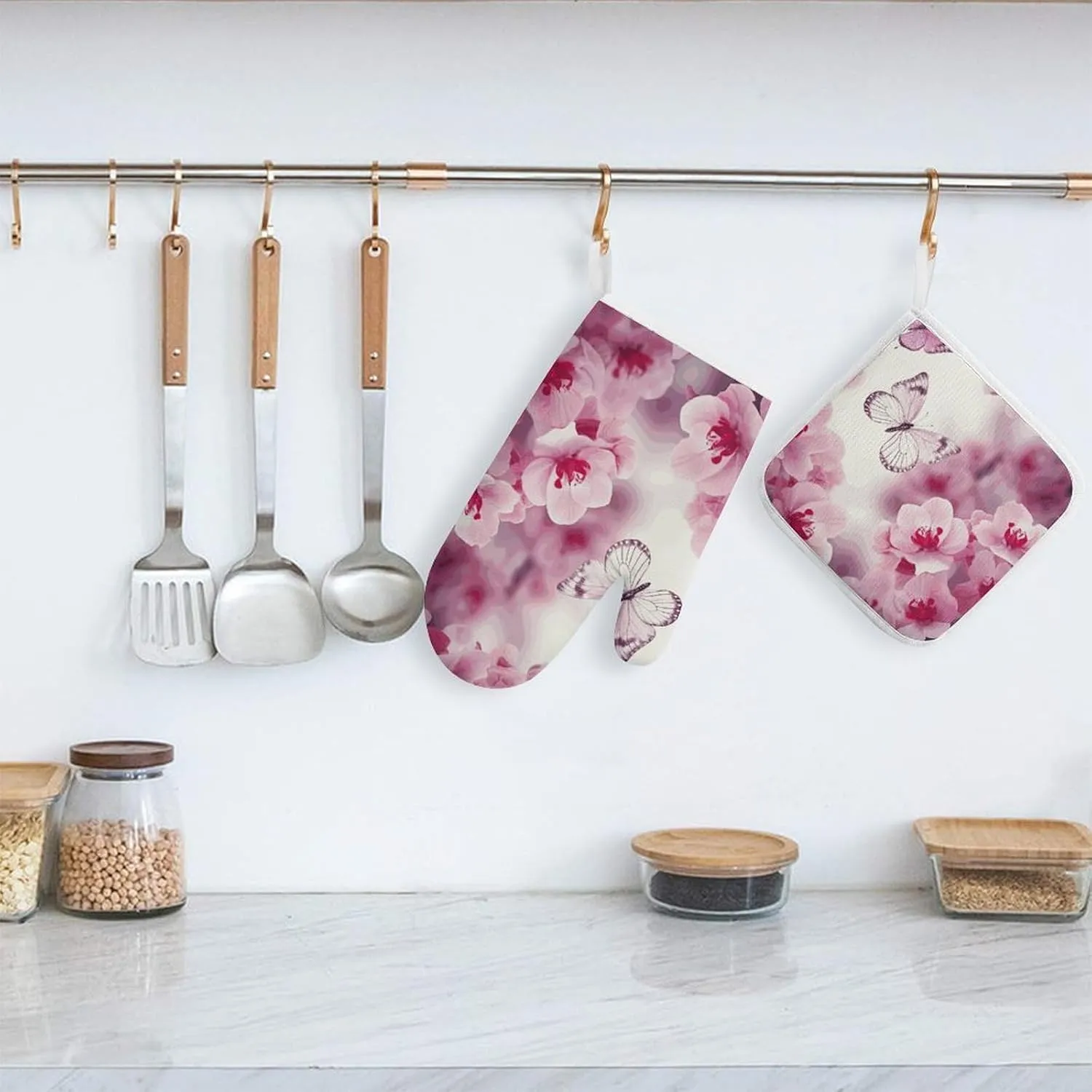 Flowers and Butterfly Oven Mitts and Pot Holders 2 Set, Heat Resistant Kitchen Glove with Quilted Liner, Non-Slip Oven Gloves for Baking Cooking