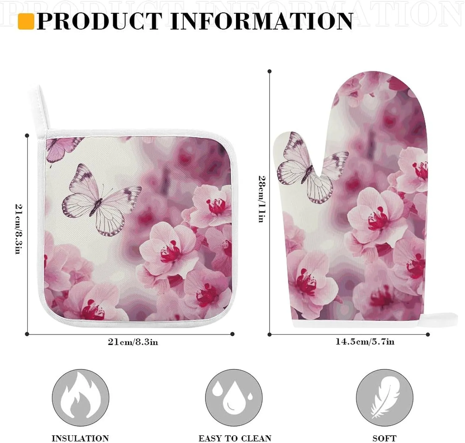 Flowers and Butterfly Oven Mitts and Pot Holders 2 Set, Heat Resistant Kitchen Glove with Quilted Liner, Non-Slip Oven Gloves for Baking Cooking