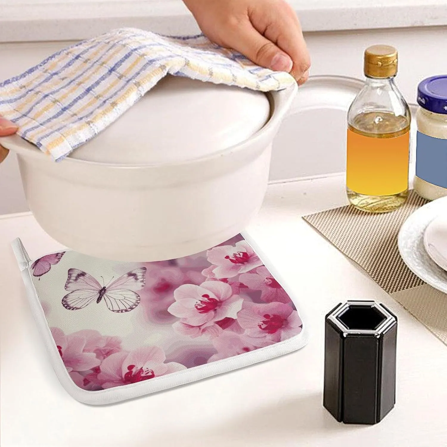 Flowers and Butterfly Oven Mitts and Pot Holders 2 Set, Heat Resistant Kitchen Glove with Quilted Liner, Non-Slip Oven Gloves for Baking Cooking