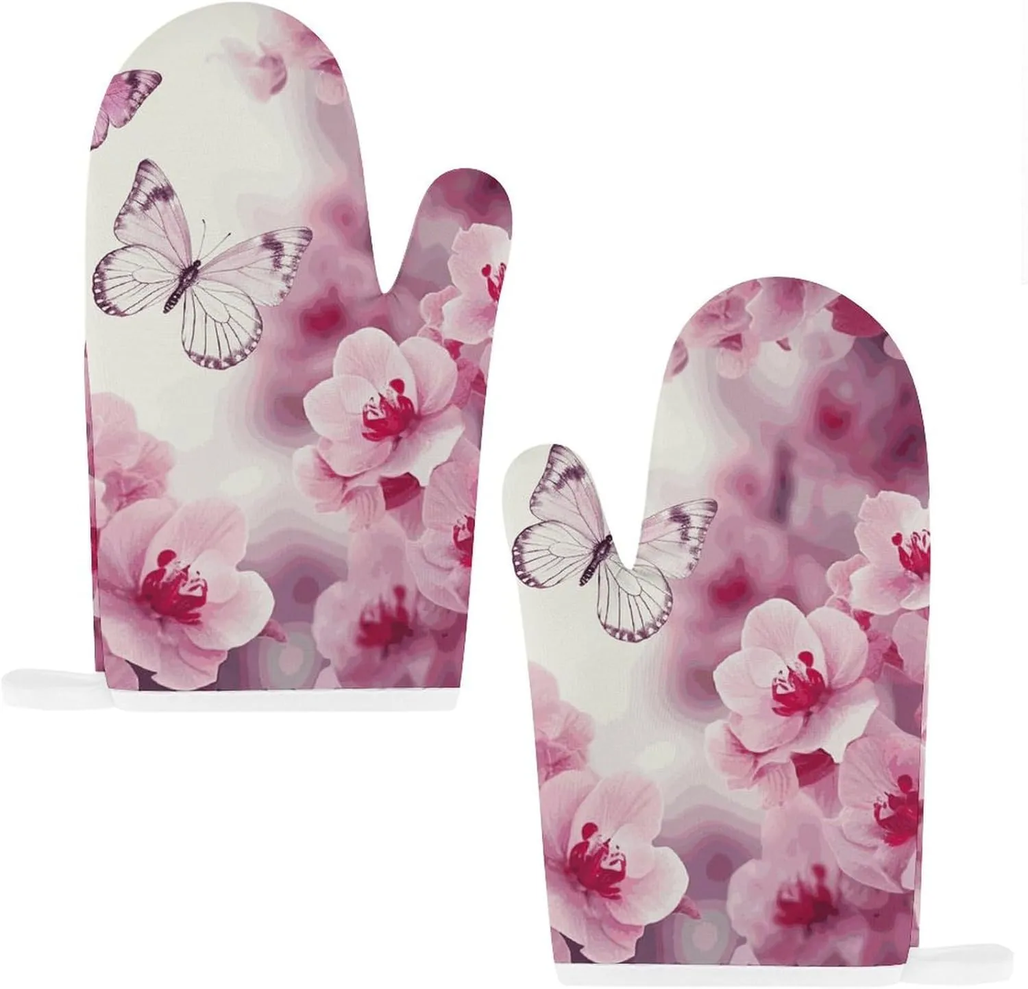Flowers and Butterfly Oven Mitts and Pot Holders 2 Set, Heat Resistant Kitchen Glove with Quilted Liner, Non-Slip Oven Gloves for Baking Cooking