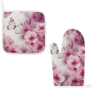 Flowers and Butterfly Oven Mitts and Pot Holders 2 Set, Heat Resistant Kitchen Glove with Quilted Liner, Non-Slip Oven Gloves for Baking Cooking