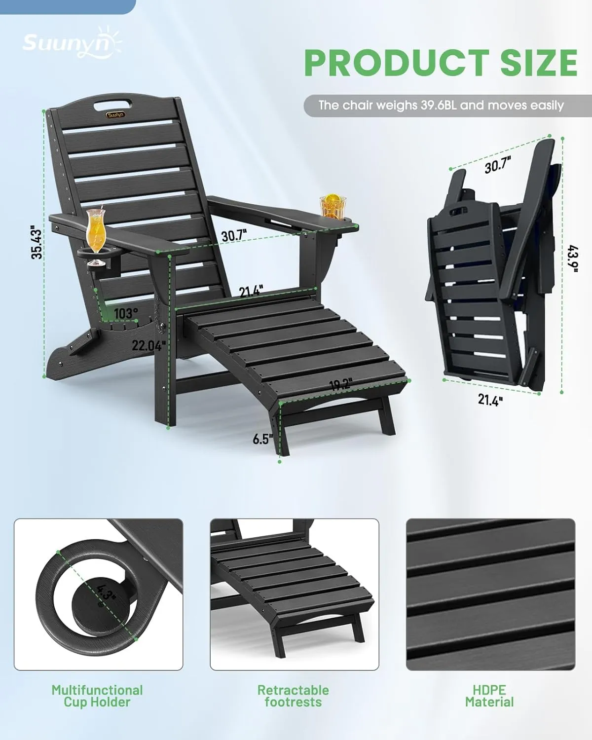 Folding Adirondack Chair with Retractable Ottoman Weather Resistant Fire Pit Chair Patio Chair with 2 Cup Holder Lawn Outdoor Lounge Chair (Black)