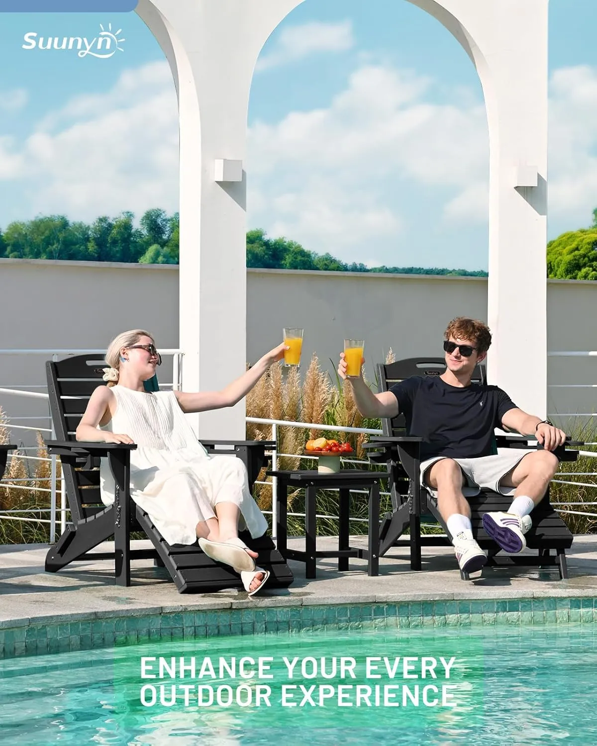 Folding Adirondack Chair with Retractable Ottoman Weather Resistant Fire Pit Chair Patio Chair with 2 Cup Holder Lawn Outdoor Lounge Chair (Black)