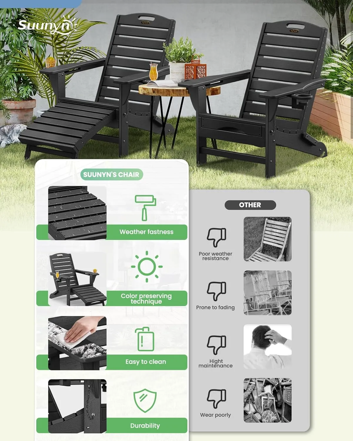 Folding Adirondack Chair with Retractable Ottoman Weather Resistant Fire Pit Chair Patio Chair with 2 Cup Holder Lawn Outdoor Lounge Chair (Black)