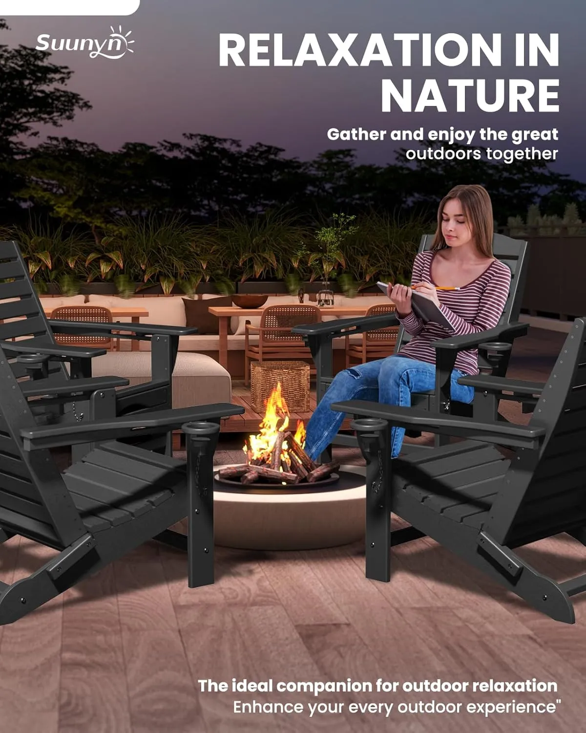 Folding Adirondack Chair with Retractable Ottoman Weather Resistant Fire Pit Chair Patio Chair with 2 Cup Holder Lawn Outdoor Lounge Chair (Black)