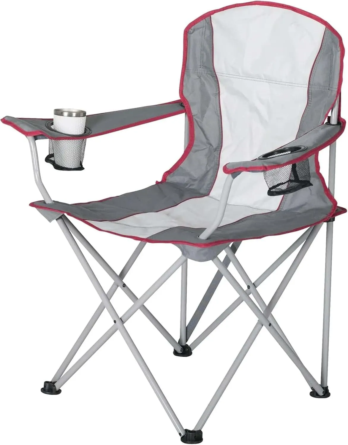 Folding Camping Chair, Oversized Quad Arm Chair with Cup Holders, Supports 400lbs, Portable Outdoor Chair for Camping, Beach, Sports, and Fishing (Grey and Off White)