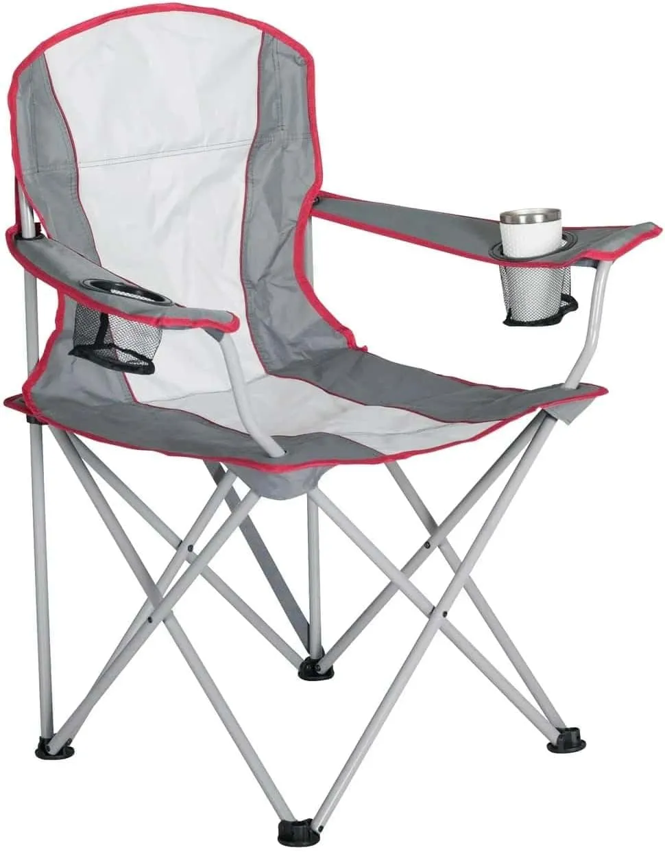 Folding Camping Chair, Oversized Quad Arm Chair with Cup Holders, Supports 400lbs, Portable Outdoor Chair for Camping, Beach, Sports, and Fishing (Grey and Off White)
