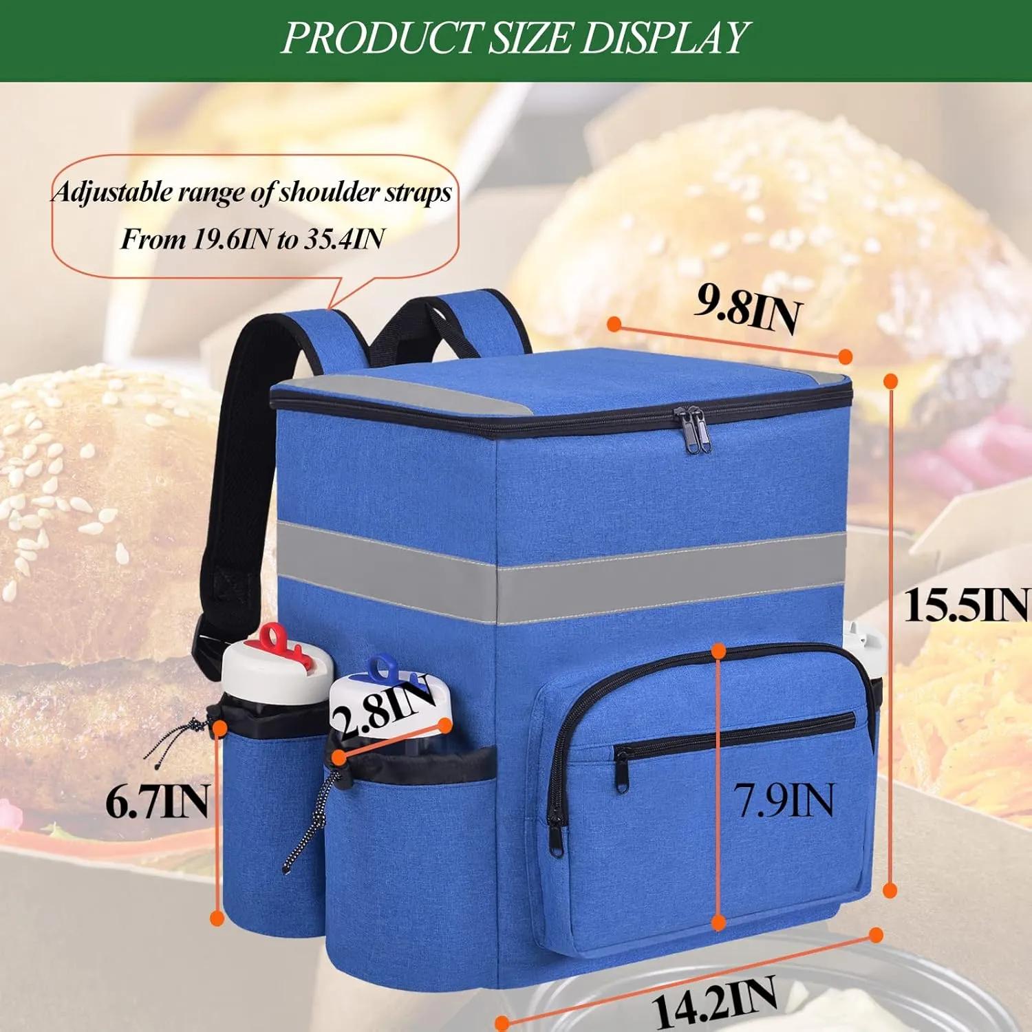 Food Delivery Backpack Pizza Delivery Bag Insulated Delivery Bag with Cup Holders, Delivery Backpack with Support Boards for Bike Delivery, Food Delivery Bag for Carry HOT/COLD (Blue)