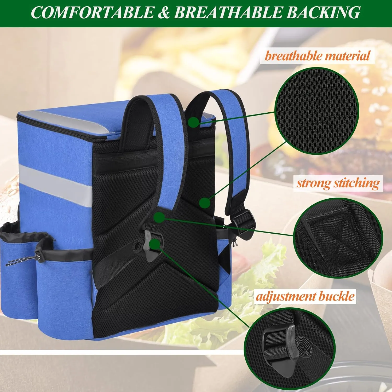 Food Delivery Backpack Pizza Delivery Bag Insulated Delivery Bag with Cup Holders, Delivery Backpack with Support Boards for Bike Delivery, Food Delivery Bag for Carry HOT/COLD (Blue)
