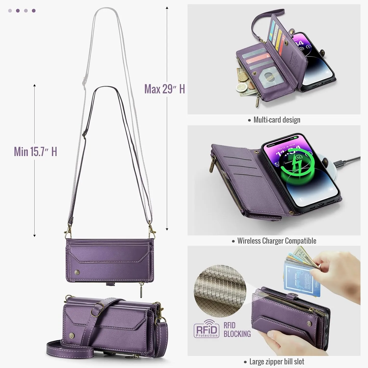for iPhone-14-Pro-Max Purse Case Envelope Bag, Magnetic Flip Leather Shockproof Cover with Kickstand 10 RFID Blocking Card Holders Cash Slot Zipper Pocket Crossbody Lanyard Wrist Strap(Purple)