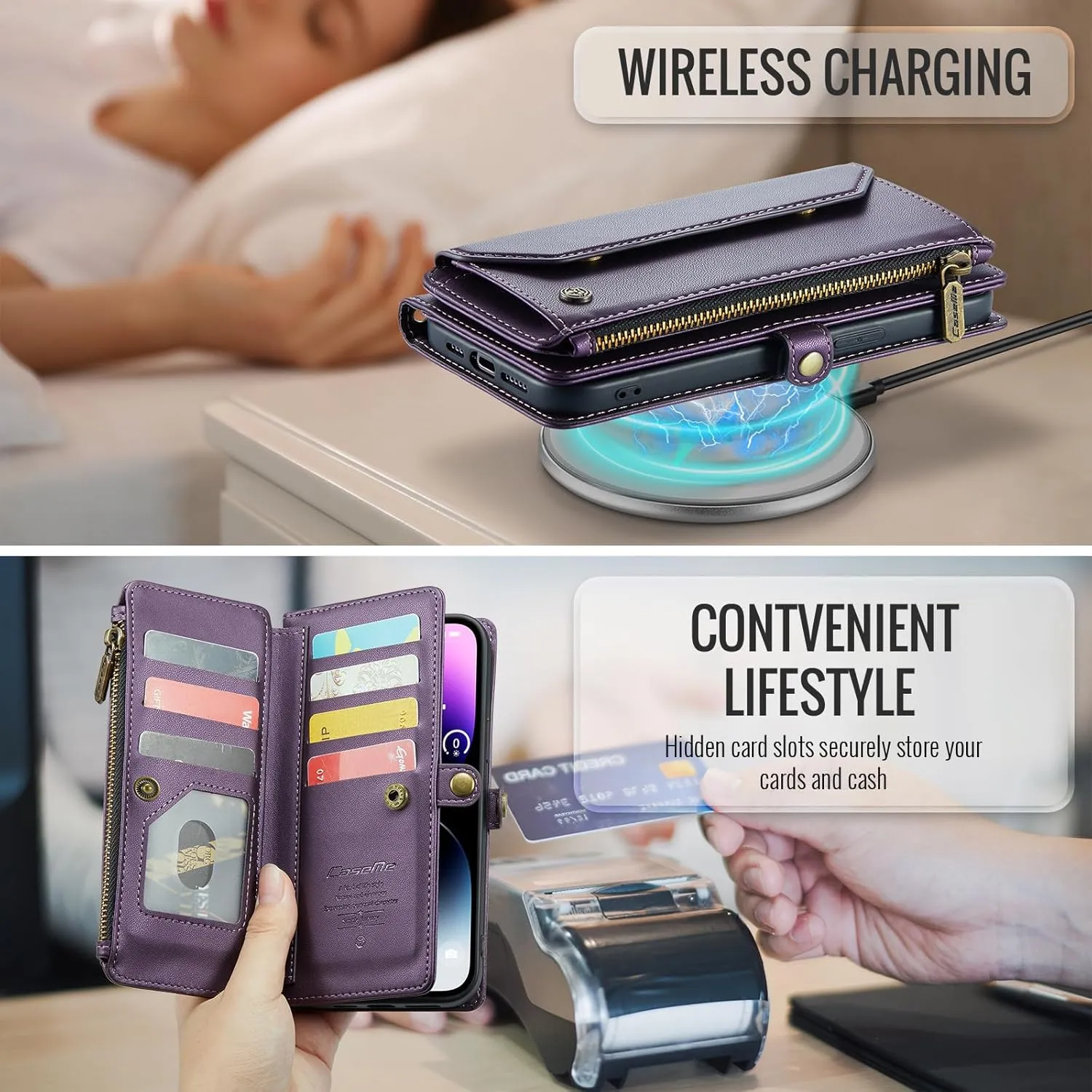 for iPhone-14-Pro-Max Purse Case Envelope Bag, Magnetic Flip Leather Shockproof Cover with Kickstand 10 RFID Blocking Card Holders Cash Slot Zipper Pocket Crossbody Lanyard Wrist Strap(Purple)