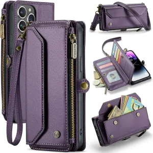 for iPhone-14-Pro-Max Purse Case Envelope Bag, Magnetic Flip Leather Shockproof Cover with Kickstand 10 RFID Blocking Card Holders Cash Slot Zipper Pocket Crossbody Lanyard Wrist Strap(Purple)