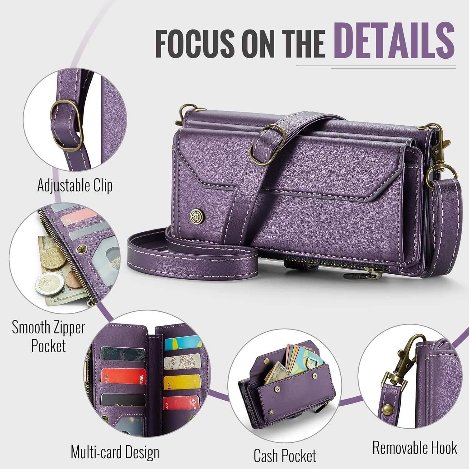 for iPhone-14-Pro-Max Purse Case Envelope Bag, Magnetic Flip Leather Shockproof Cover with Kickstand 10 RFID Blocking Card Holders Cash Slot Zipper Pocket Crossbody Lanyard Wrist Strap(Purple)
