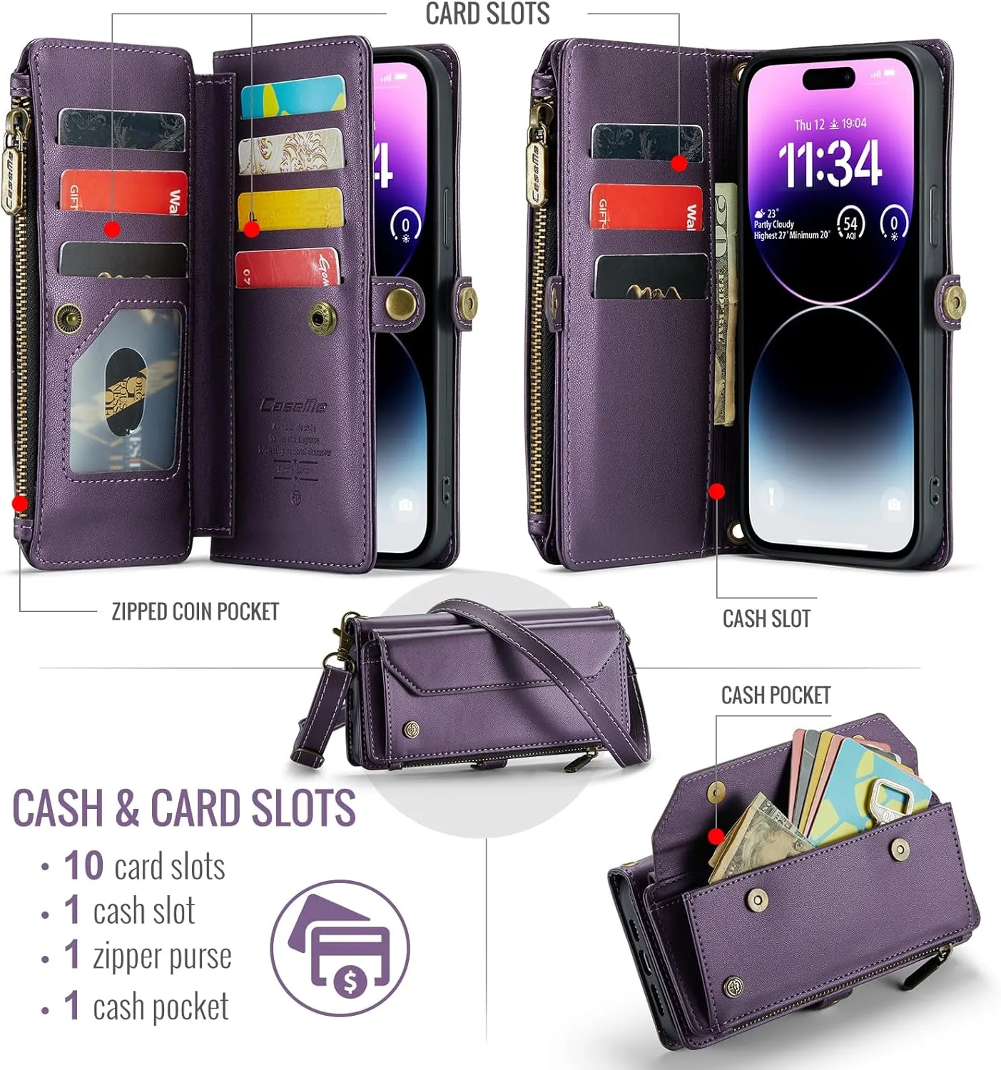 for iPhone-14-Pro-Max Purse Case Envelope Bag, Magnetic Flip Leather Shockproof Cover with Kickstand 10 RFID Blocking Card Holders Cash Slot Zipper Pocket Crossbody Lanyard Wrist Strap(Purple)