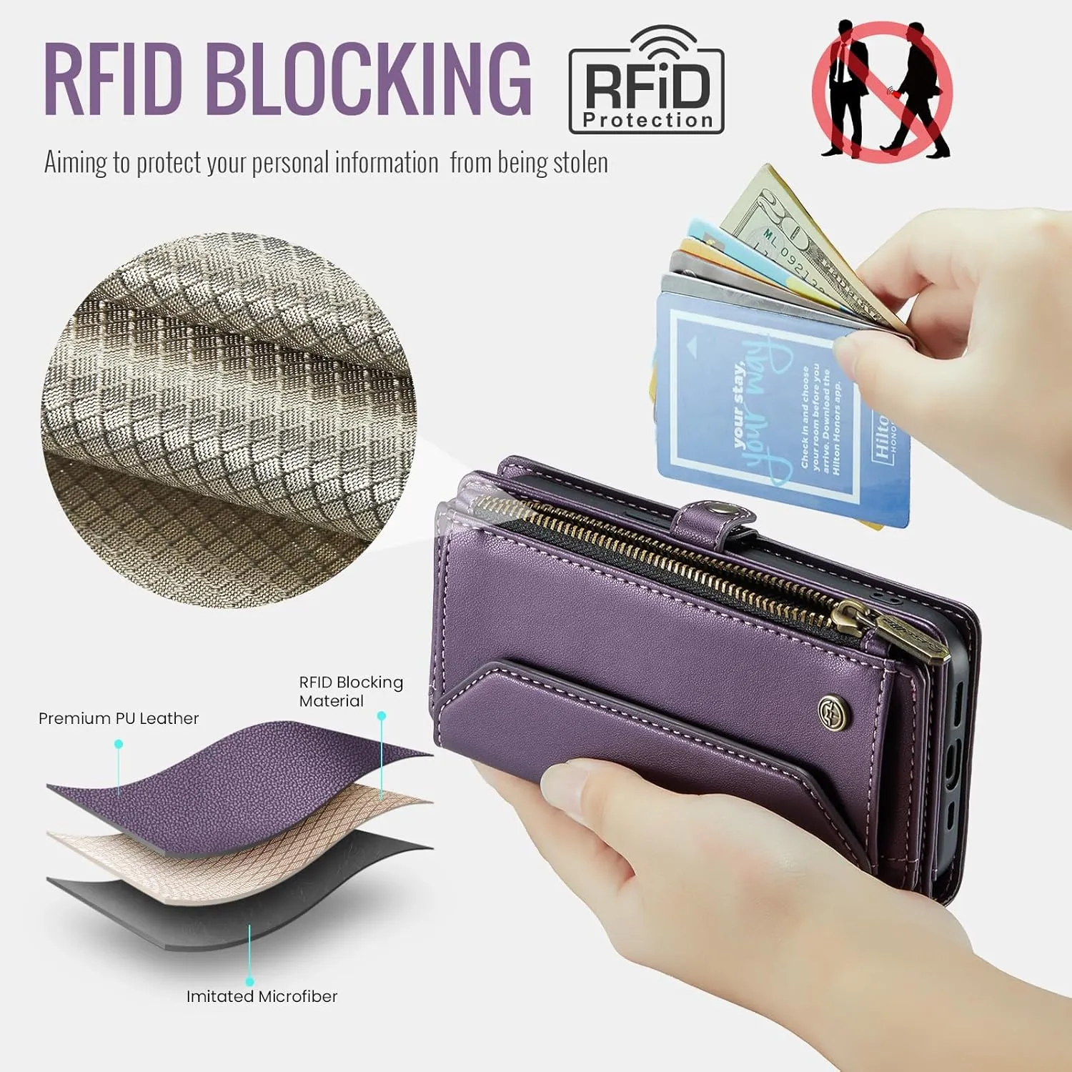 for iPhone-14-Pro-Max Purse Case Envelope Bag, Magnetic Flip Leather Shockproof Cover with Kickstand 10 RFID Blocking Card Holders Cash Slot Zipper Pocket Crossbody Lanyard Wrist Strap(Purple)