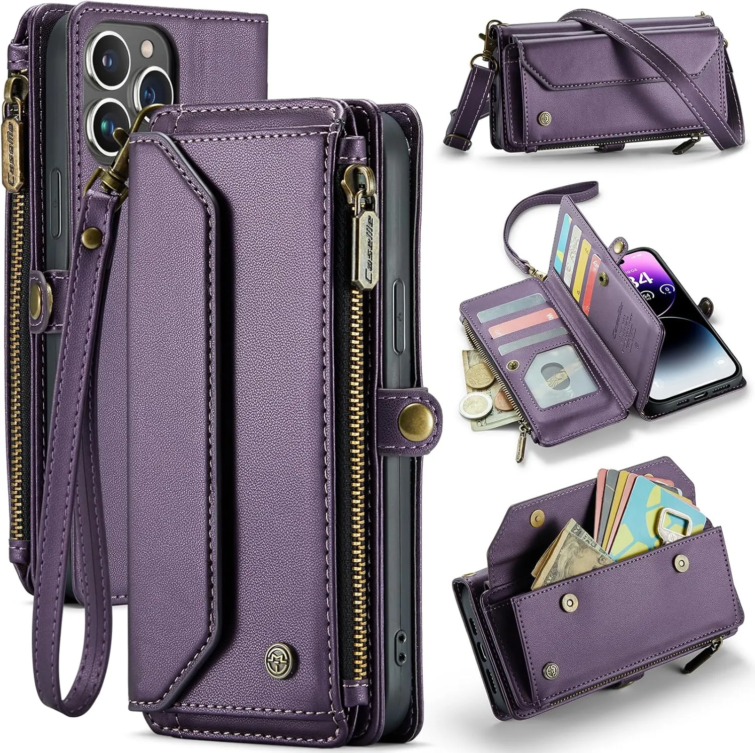 for iPhone-14-Pro-Max Purse Case Envelope Bag, Magnetic Flip Leather Shockproof Cover with Kickstand 10 RFID Blocking Card Holders Cash Slot Zipper Pocket Crossbody Lanyard Wrist Strap(Purple)