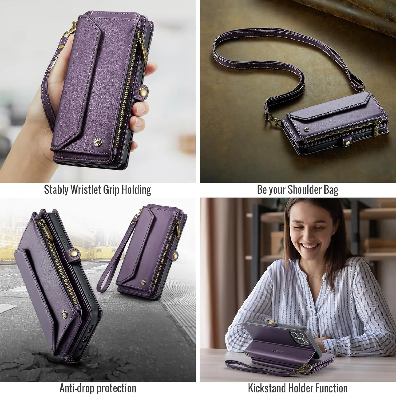 for iPhone-14-Pro-Max Purse Case Envelope Bag, Magnetic Flip Leather Shockproof Cover with Kickstand 10 RFID Blocking Card Holders Cash Slot Zipper Pocket Crossbody Lanyard Wrist Strap(Purple)