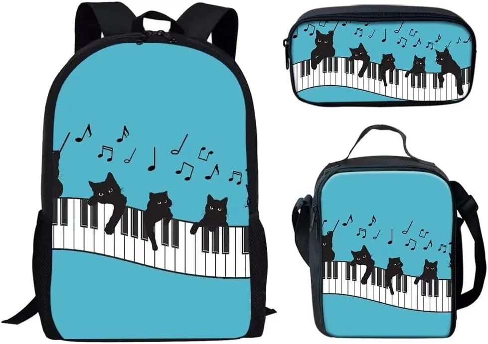Forchrinse 3Pack Black Cat Music Piano Print Backpacks for Girls Lightweight Cute Cat Print Backpack and Lunch Bag Set for Elementary Middle School