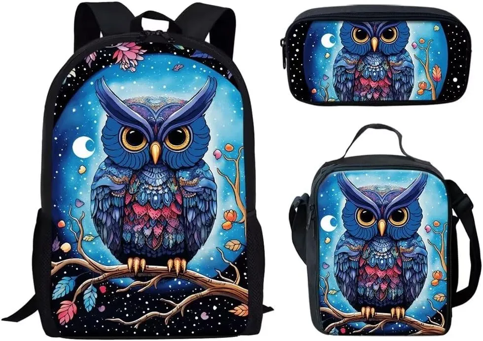 Forchrinse 3Pack Cartoon 3D Owl Print Backpacks for Teen Girls 5-6 Novelty Animal Print School Backpack Kids Bookbag Daypack with Lunch Box & Pencil Case for Elementary Middle School