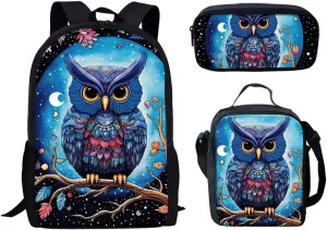 Forchrinse 3Pack Cartoon 3D Owl Print Backpacks for Teen Girls 5-6 Novelty Animal Print School Backpack Kids Bookbag Daypack with Lunch Box & Pencil Case for Elementary Middle School