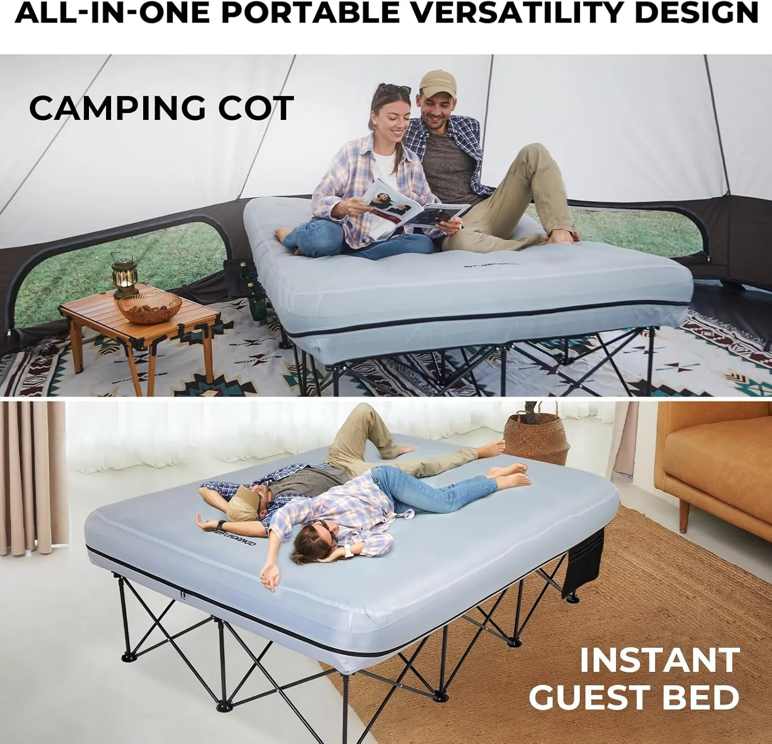 FUNDANGO Queen Camping Cot, 2 Person Folding Airbed Mattress, Double Camp Bed with 2 Cup Holders, Removeable Cover for Adults Outdoor Travel,Carry Bag Included (Grey)