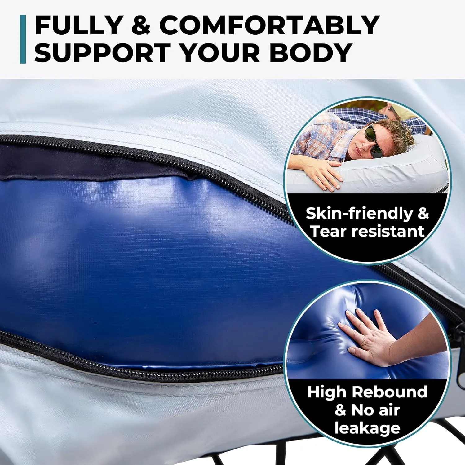 FUNDANGO Queen Camping Cot, 2 Person Folding Airbed Mattress, Double Camp Bed with 2 Cup Holders, Removeable Cover for Adults Outdoor Travel,Carry Bag Included (Grey)