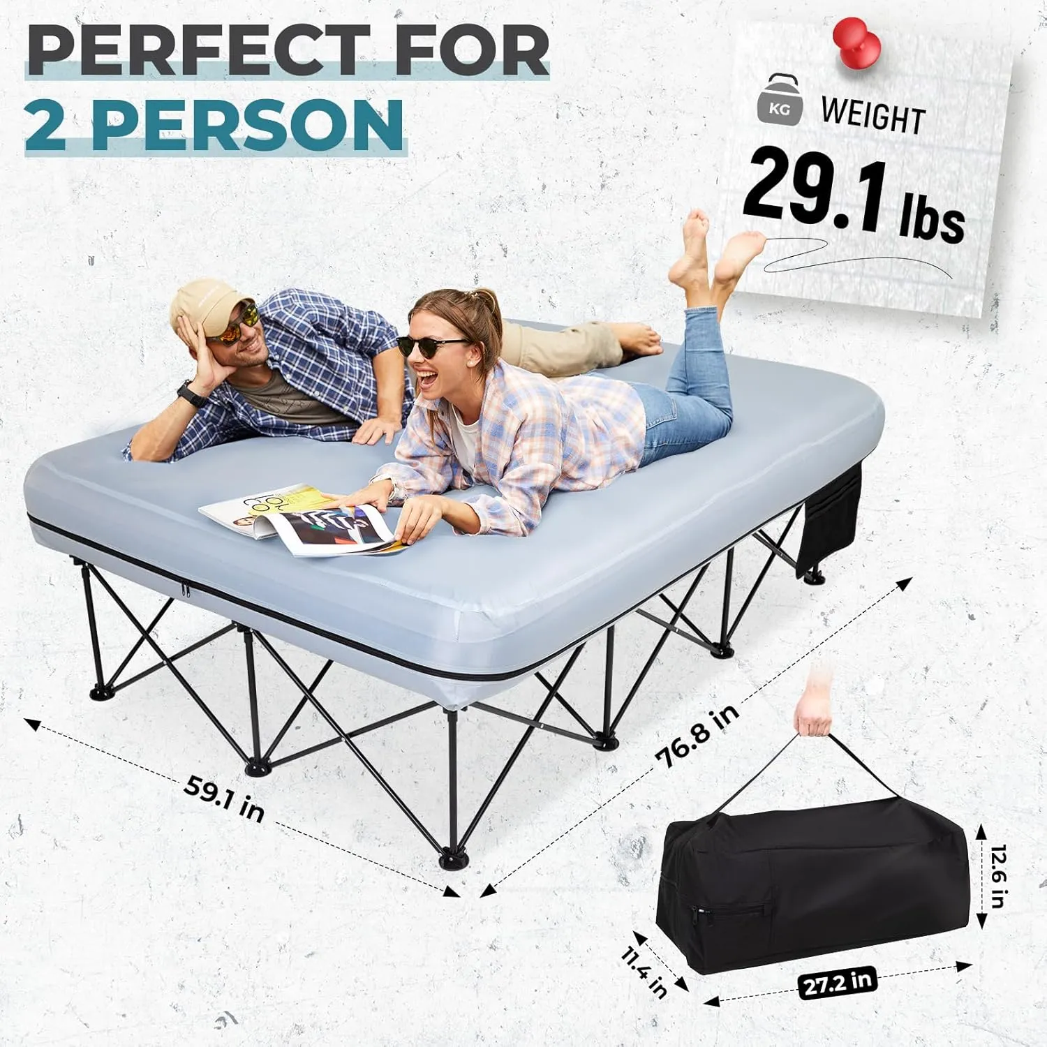 FUNDANGO Queen Camping Cot, 2 Person Folding Airbed Mattress, Double Camp Bed with 2 Cup Holders, Removeable Cover for Adults Outdoor Travel,Carry Bag Included (Grey)