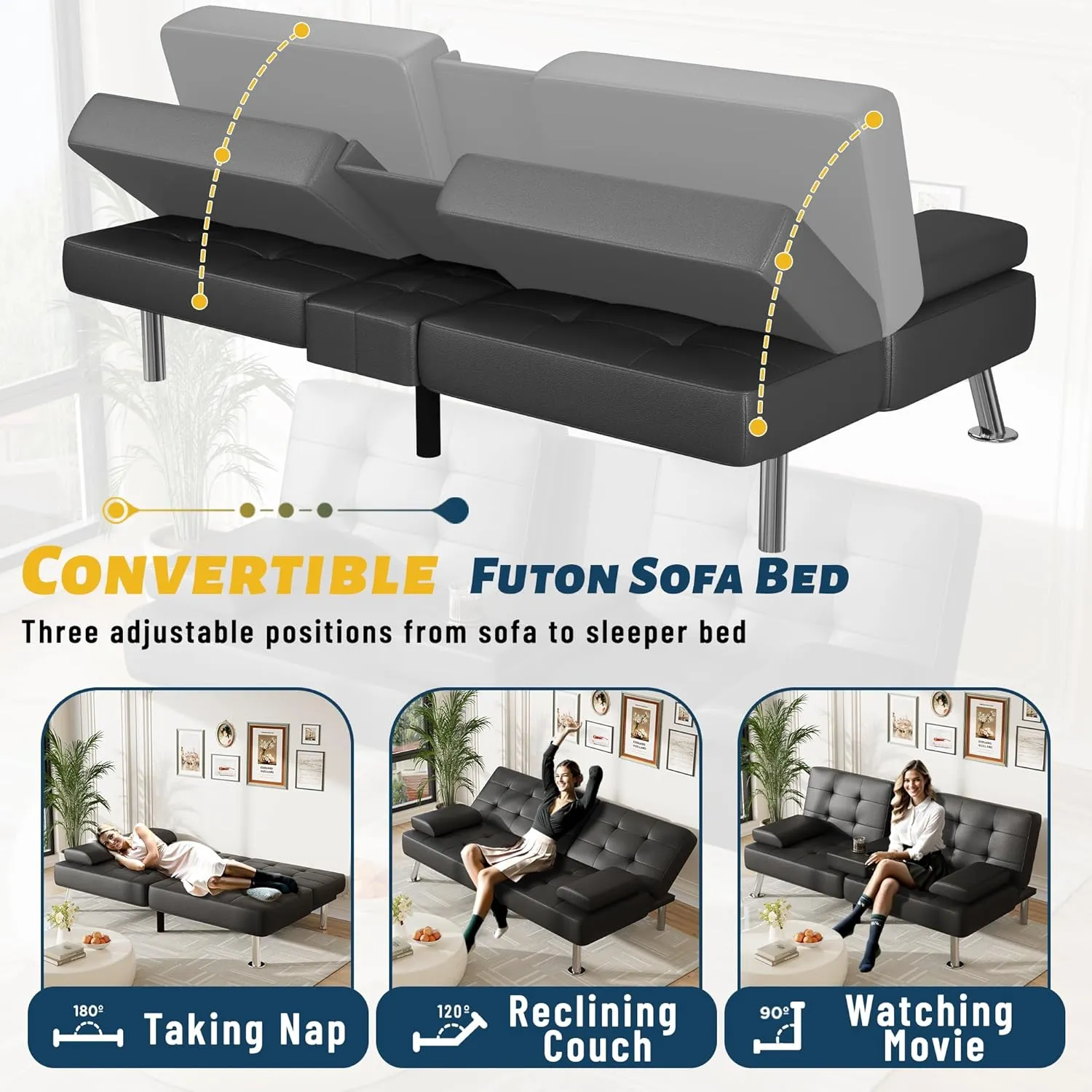 Furmax Futon Sofa Bed Adjustable Futon Couch Sleeper Sofa Bed for Living Room, Business Office, Recliner Sofa with Cup Holders (PU Leather, Black)