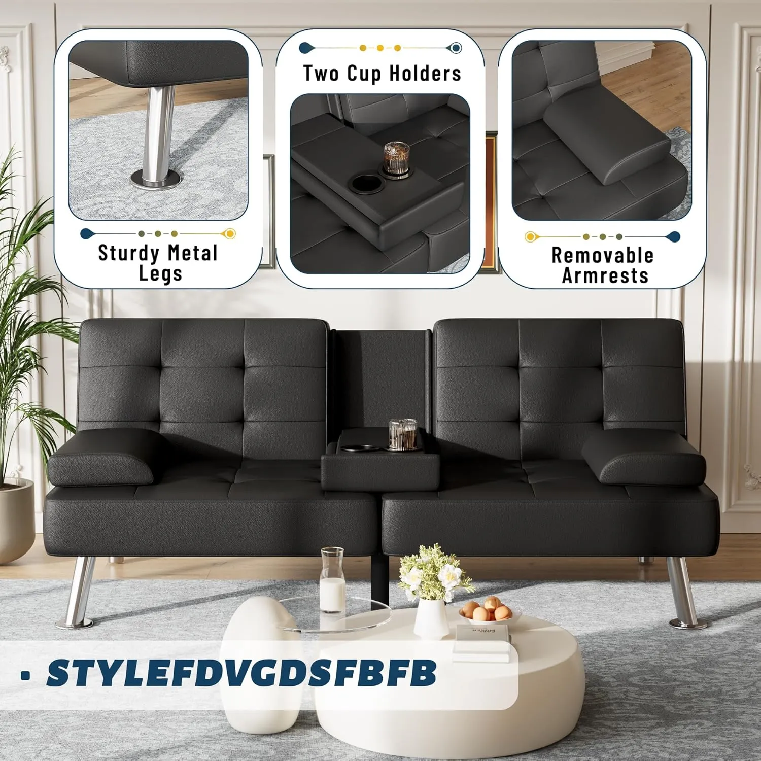 Furmax Futon Sofa Bed Adjustable Futon Couch Sleeper Sofa Bed for Living Room, Business Office, Recliner Sofa with Cup Holders (PU Leather, Black)