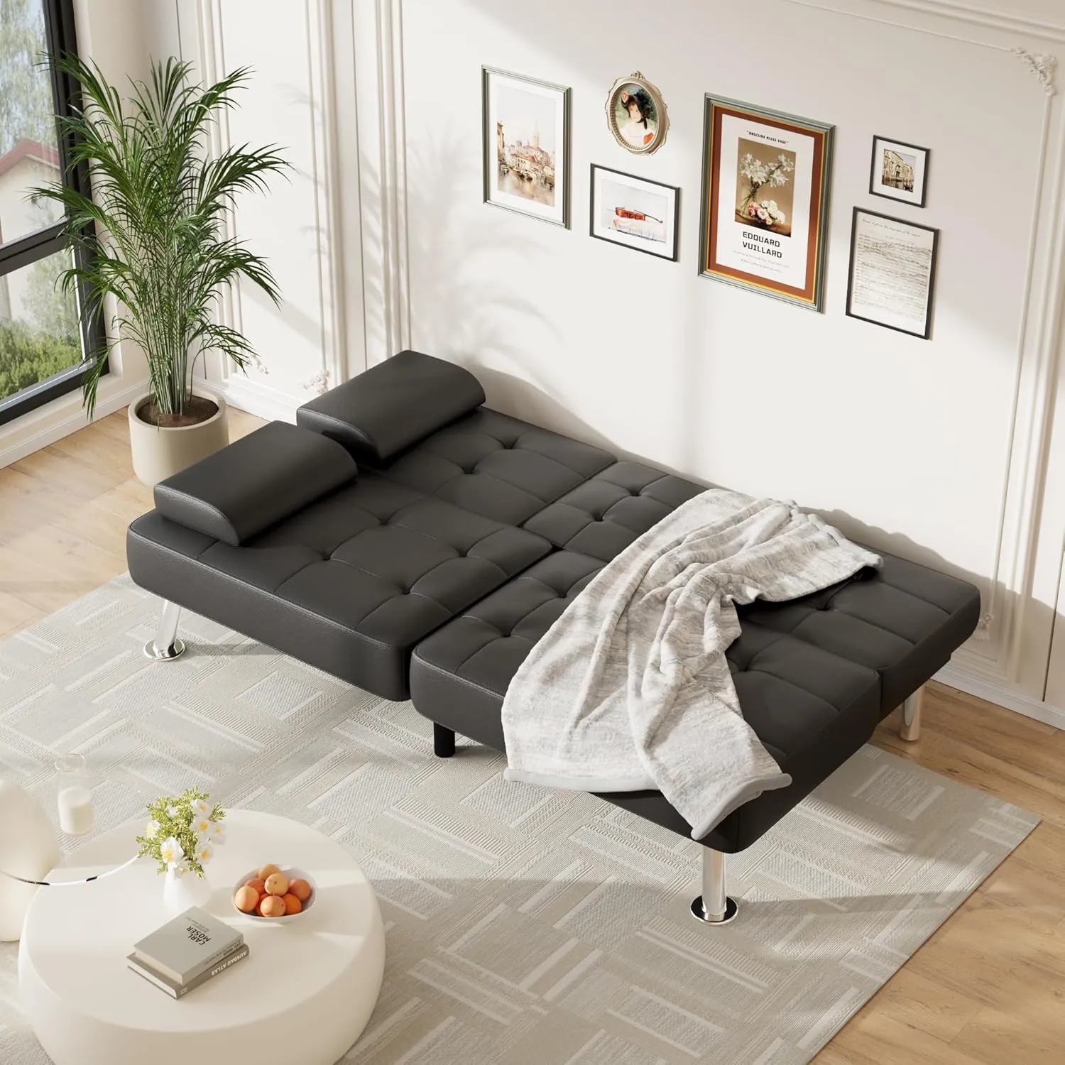 Furmax Futon Sofa Bed Adjustable Futon Couch Sleeper Sofa Bed for Living Room, Business Office, Recliner Sofa with Cup Holders (PU Leather, Black)