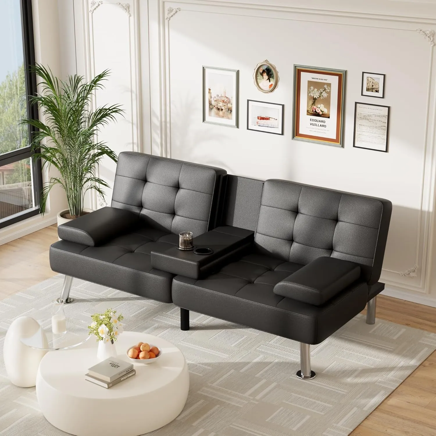 Furmax Futon Sofa Bed Adjustable Futon Couch Sleeper Sofa Bed for Living Room, Business Office, Recliner Sofa with Cup Holders (PU Leather, Black)