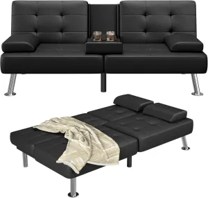 Furmax Futon Sofa Bed Adjustable Futon Couch Sleeper Sofa Bed for Living Room, Business Office, Recliner Sofa with Cup Holders (PU Leather, Black)