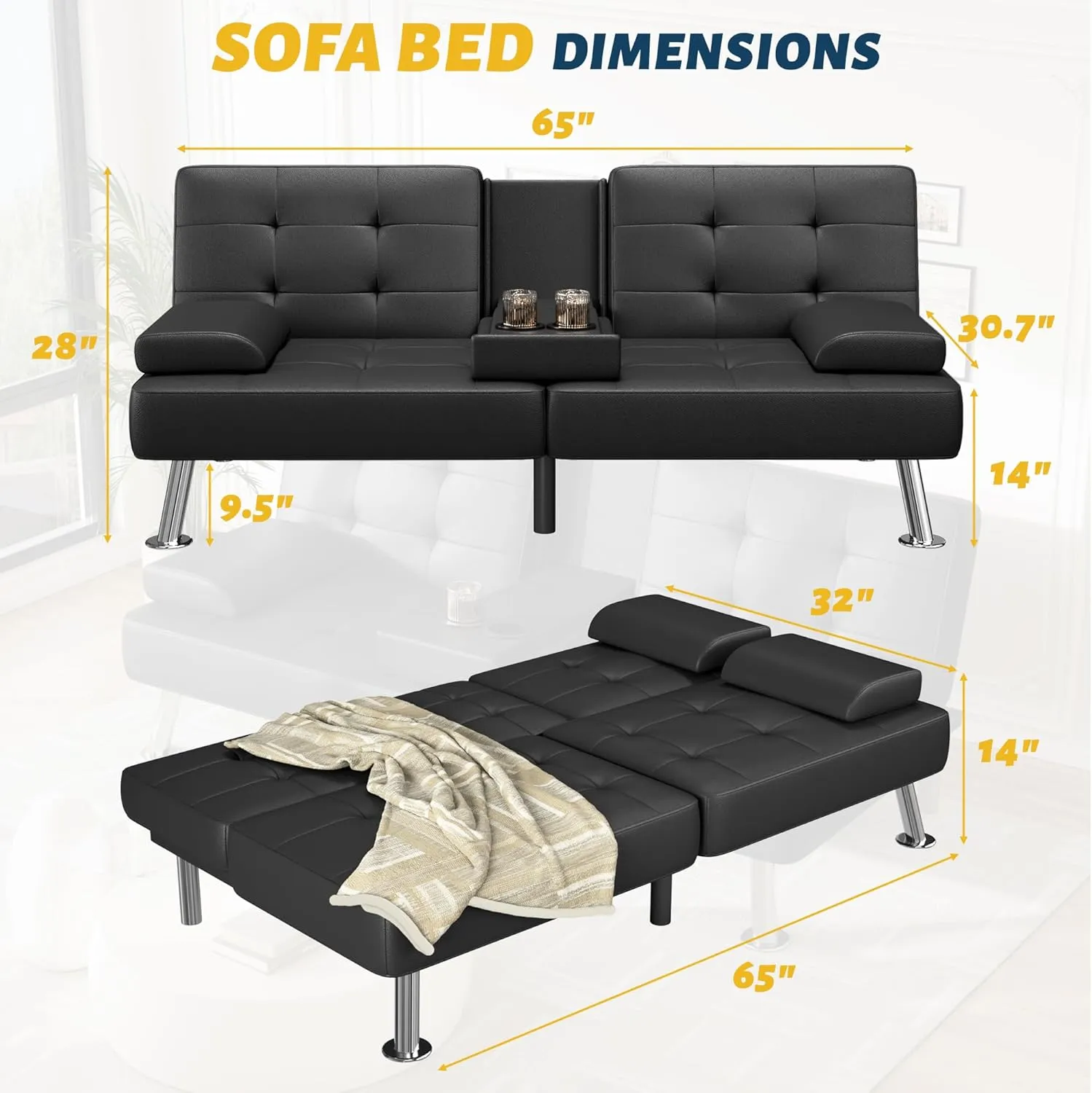Furmax Futon Sofa Bed Adjustable Futon Couch Sleeper Sofa Bed for Living Room, Business Office, Recliner Sofa with Cup Holders (PU Leather, Black)