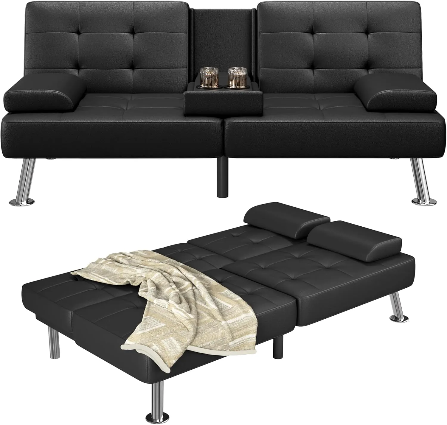 Furmax Futon Sofa Bed Adjustable Futon Couch Sleeper Sofa Bed for Living Room, Business Office, Recliner Sofa with Cup Holders (PU Leather, Black)