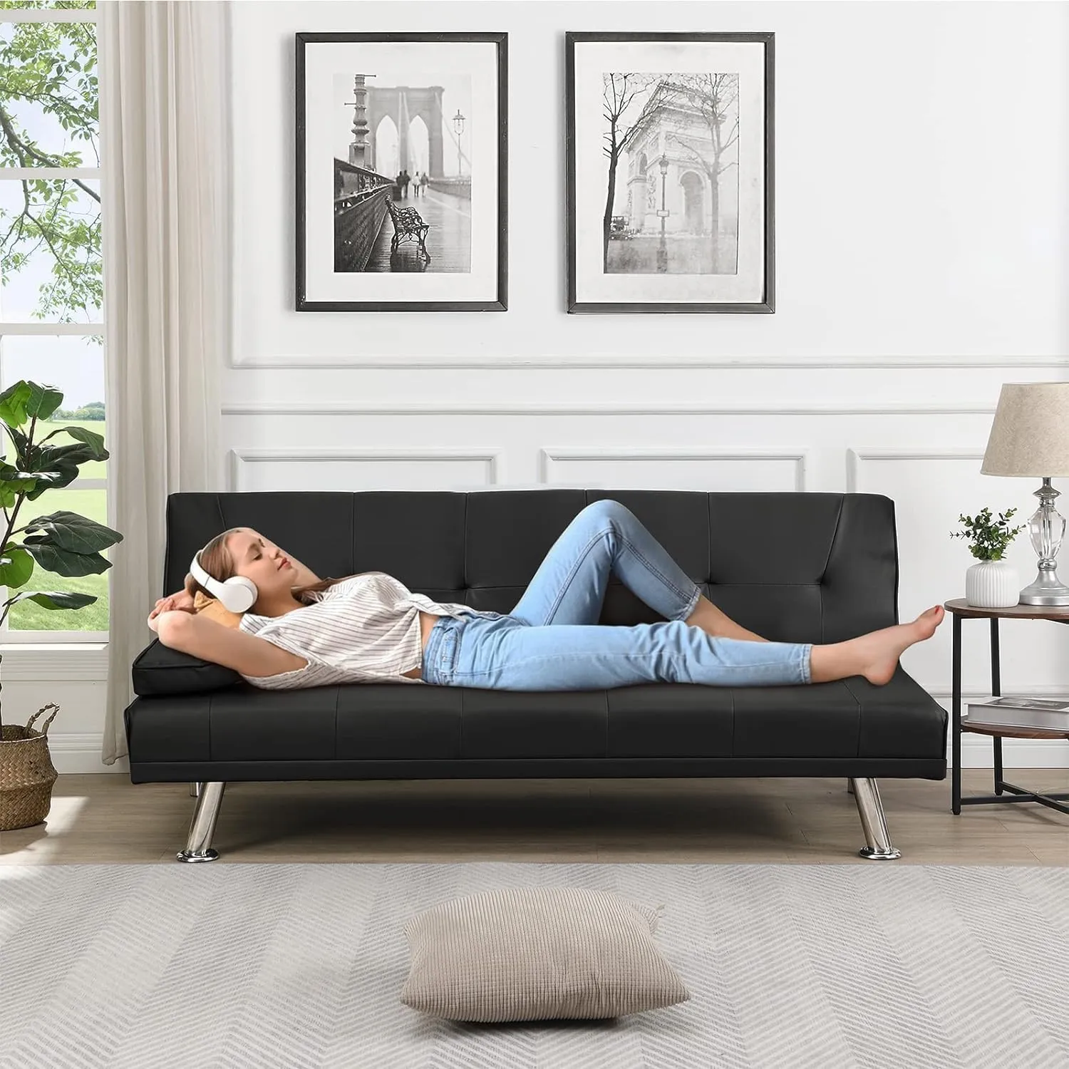 Futon Sofa Bed Modern Folding Couch for Small Space, Faux Leather Convertible Loveseat Sleeper Bed Daybed Recliner Lounge Sofas for Living Room,2 Cup Holders,Metal Legs,Removable Armrests (Black)
