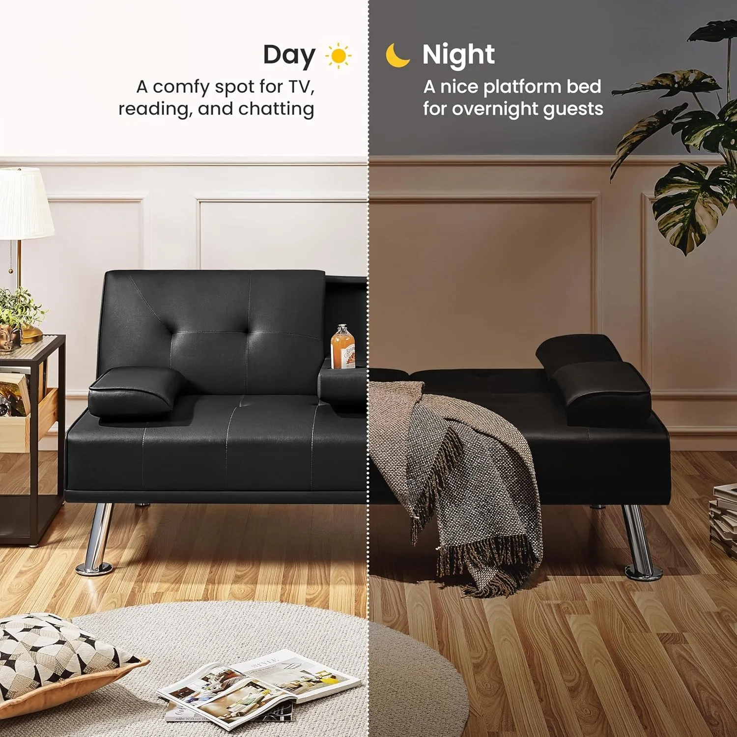 Futon Sofa Bed Modern Folding Couch for Small Space, Faux Leather Convertible Loveseat Sleeper Bed Daybed Recliner Lounge Sofas for Living Room,2 Cup Holders,Metal Legs,Removable Armrests (Black)