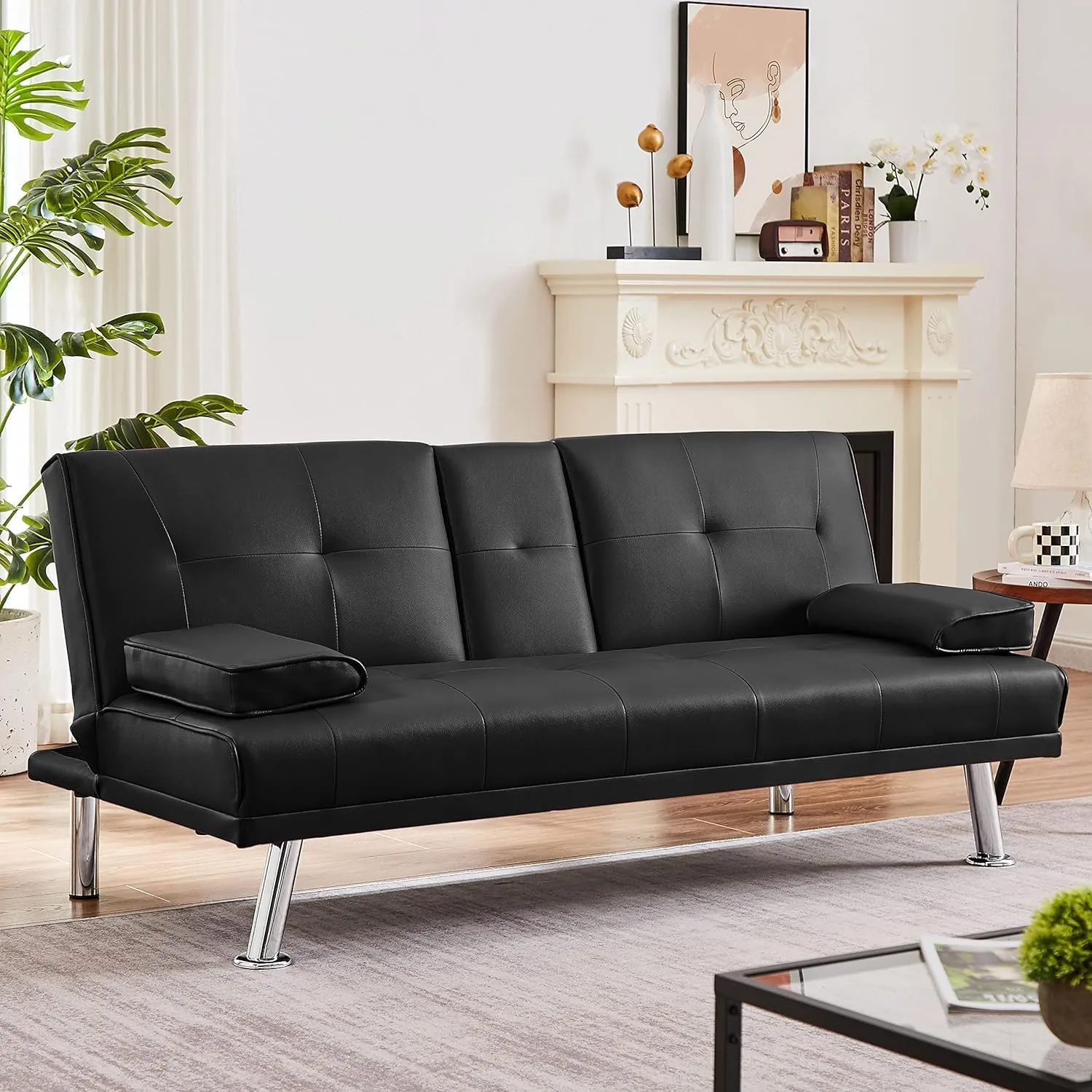 Futon Sofa Bed Modern Folding Couch for Small Space, Faux Leather Convertible Loveseat Sleeper Bed Daybed Recliner Lounge Sofas for Living Room,2 Cup Holders,Metal Legs,Removable Armrests (Black)