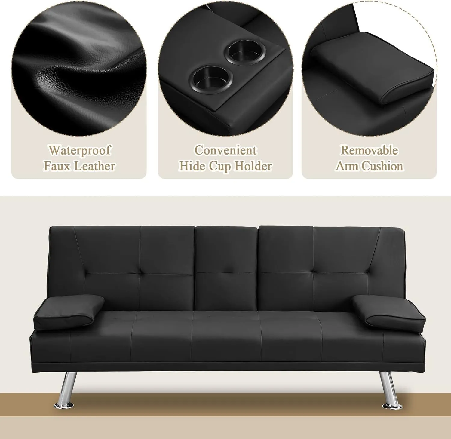 Futon Sofa Bed Modern Folding Couch for Small Space, Faux Leather Convertible Loveseat Sleeper Bed Daybed Recliner Lounge Sofas for Living Room,2 Cup Holders,Metal Legs,Removable Armrests (Black)