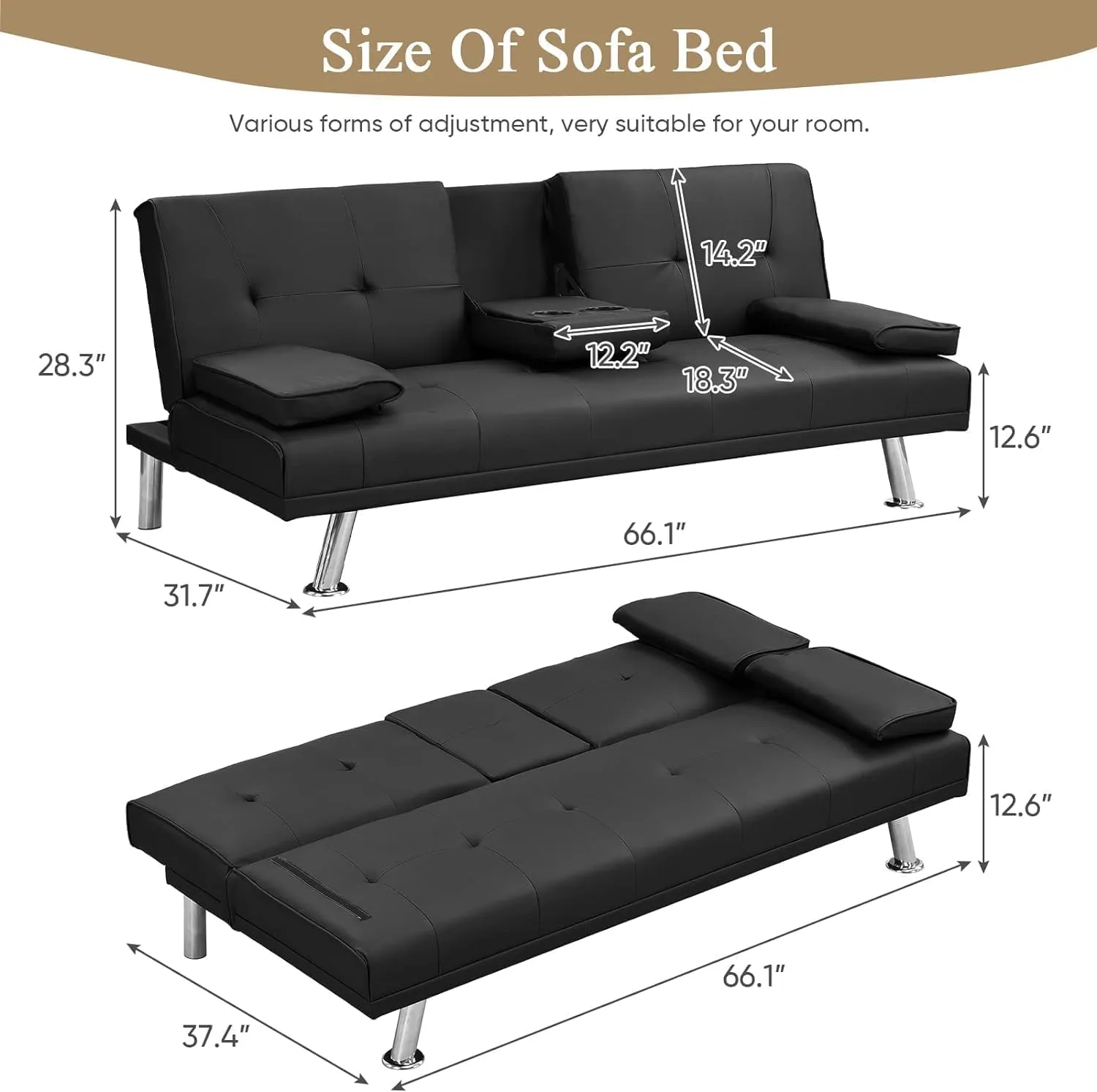 Futon Sofa Bed Modern Folding Couch for Small Space, Faux Leather Convertible Loveseat Sleeper Bed Daybed Recliner Lounge Sofas for Living Room,2 Cup Holders,Metal Legs,Removable Armrests (Black)