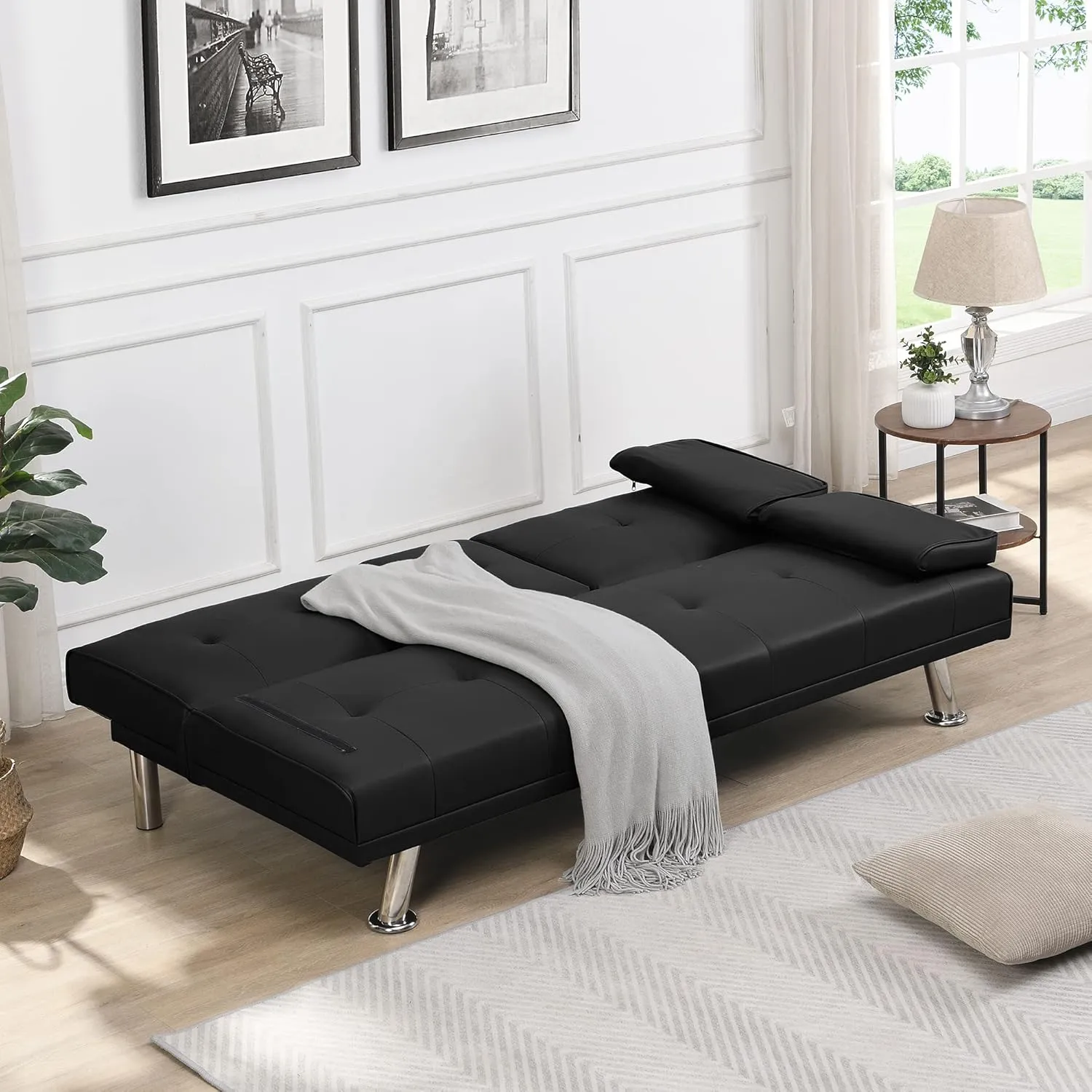 Futon Sofa Bed Modern Folding Couch for Small Space, Faux Leather Convertible Loveseat Sleeper Bed Daybed Recliner Lounge Sofas for Living Room,2 Cup Holders,Metal Legs,Removable Armrests (Black)